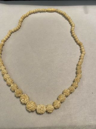 Vintage Carved Bovine Bone Flowers And Beads Necklace