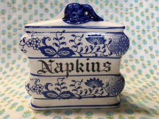 Vintage Blue Onion Napkin Napkins Holder Ceramic White & Cobalt Blue Unmarked