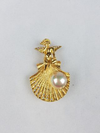 Vtg Kirks Folly Angel On Sea Shell Pin Pendant White Faux Pearl
