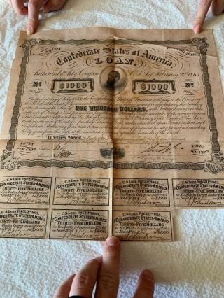 Antique 1863 Authentic Confederate States Of America $1000 Loan Civil War