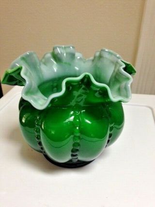 Vintage Fenton Green Glass Melon Vase - Emerald Green - Ruffled Top