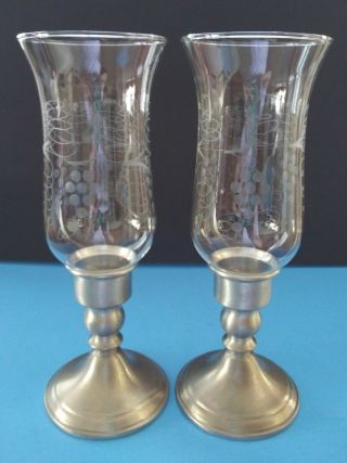 Vintage Web Pewter Weighted Candlestick Holders And Etched Globes 1970 