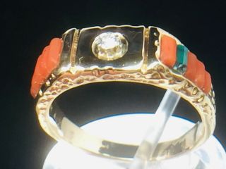 Antique 14k Yellow Gold Diamond Coral Turquoise Mens Ring.  Sz 9.  6.  8gm.