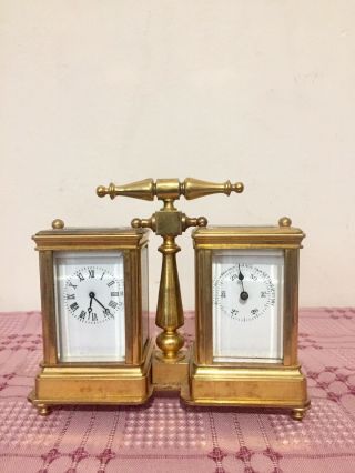 Miniature Gilt Brass Carriage Clock With Barometer.