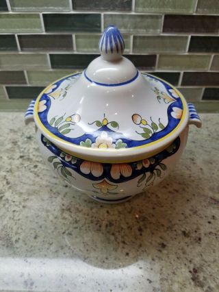 Vintage Decor Rouen Fait Main Geo Martel Hand Painted Lidded Pedestal Jar Bowl 2