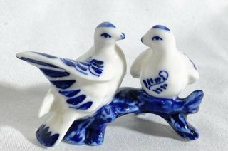 Minature Porcelain Doves - Vintage Blue And White Delft Style Lovebird Figurine