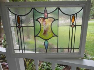 H - 7 - 319 Lovely Large Transom Style Leaded Stained Glass Window 30 X 21