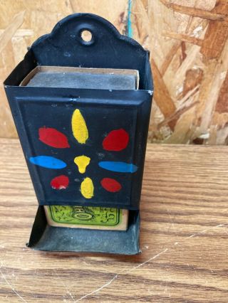 Vintage Primitive Stick Matches Holder Match Box Tin Metal Black Wall Mount
