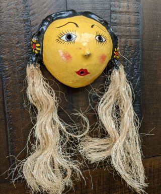 Vintage Mexican Coconut Shell Folk Art Mask Pretty Woman Long Hair Wall Hanging