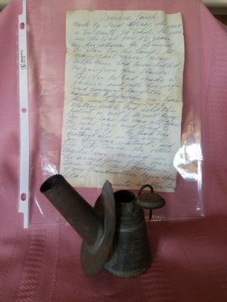 Antique Miners Oil Wick Cap Lantern F.  E.  Spry And Relative Letter