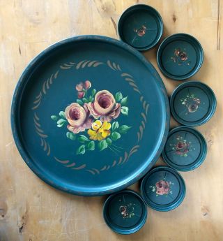 Vintage Toleware Nash Co.  Hand Painted Metal Round Green Tray Roses 6 Coasters