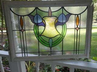 H - 7 - 322 Lovely Large English Transom Style Leaded Stained Glass Window 35 X 24