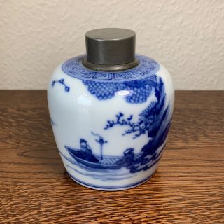 Chinese Blue & White Kangxi Style Pewter Lidded Tea Caddy Jar Vase Blue Mark 9cm