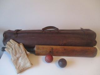 Antique Cricket Set Bag,  Gunn & Moore Autograph Bat Frank Bryan Gloves 2 Balls