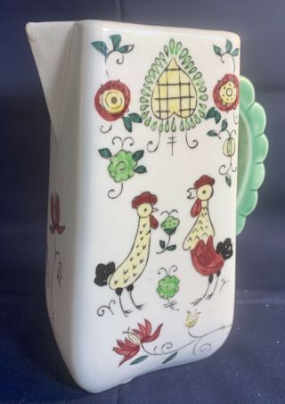 Vintage Hand Painted Ceramic Pitcher Folk Art Rooster Flower Mid Century Retro