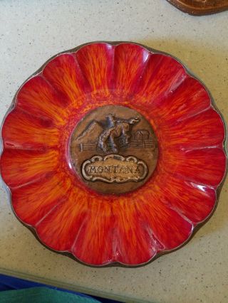 Vintage Treasure Craft Dish Ashtray Montana Bronch Rider.  Orange.