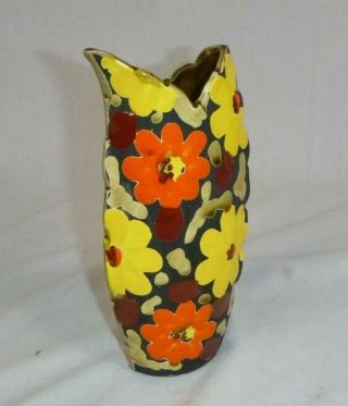 Vtg Mid Century Tilso Mod Ceramic Floral Design Vase Orange Yellow Green Japan
