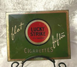 Vintage Lucky Strike Flat Fifties Metal Cigarette Tin Tobacco Case Box Green.  S