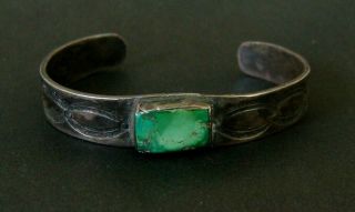 Antique Navajo Silver And Turquoise Hand Stamped Bracelet