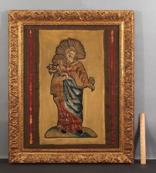 Early Antique 18thc French Silk Embroidery Madonna & Baby Jesus,  Gold Gilt Frame
