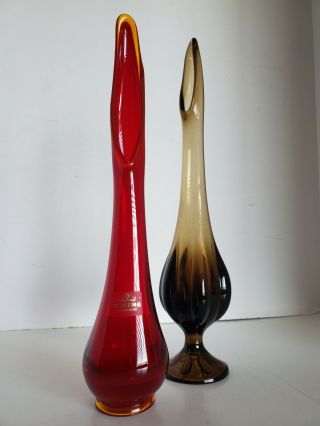2 Vintage 1960’s Viking Hand Made Glass Stretch Swung Bud Vases 11 " & 12 "