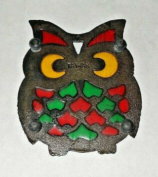 Mid Century Vintage Faux Stained Glass & Metal Owl Trivet 5.  25 