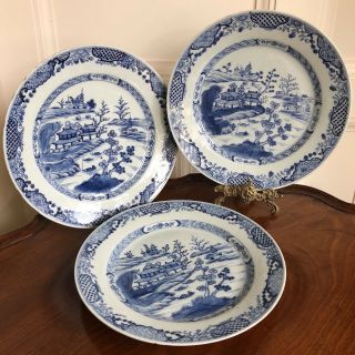 Set Of Three Large Chinese Blue And White Porcelain Plates,  Qing,  18th Century.