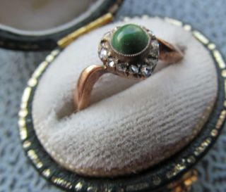 Antique Rose Cut Diamond And Green Stone 14 K Heart Shaped Ring.