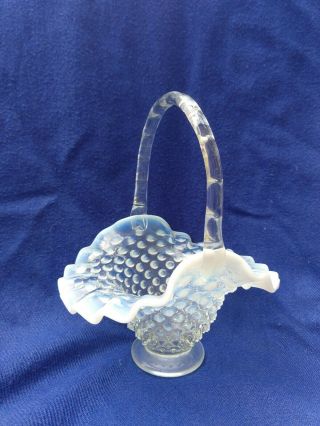 Vtg Fenton Art Glass Hobnail Iridescent White Blue Basket Ruffle Small Easter