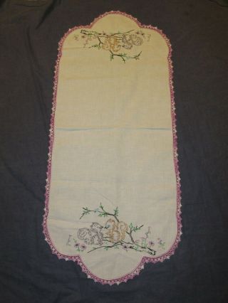Vintage Runner/dresser Scarf - Embroidered W/ Squirrels & Flowers - Crochet Trim