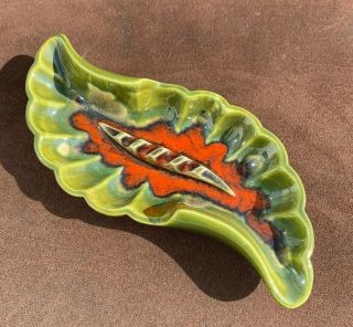 Vintage Mid - Century Red Wing Ashtray 828 Leaf Ceramic Green And Orange Gorgeous