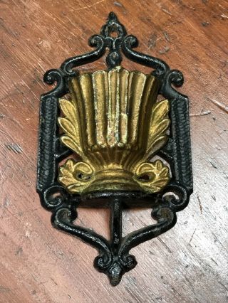 Antique Victorian Cast Iron Wall Hanging Match Holder Strikes On Sides Gold Leaf