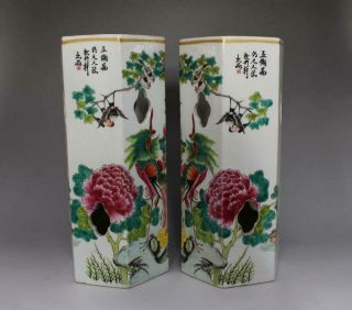 Antique Old Pair Chinese Famille Rose Porcelain Crane Vases Tongzhi Mark