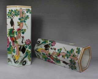 Antique Old Pair Chinese Famille Rose Porcelain Crane Vases Tongzhi Mark 3