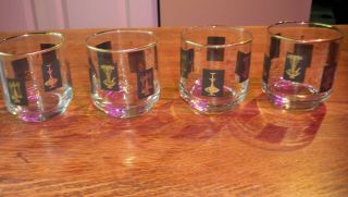 Vintage Medical Pharmacy Mid Century Black And Gold Glasses,  Lowball,  Set Of 4