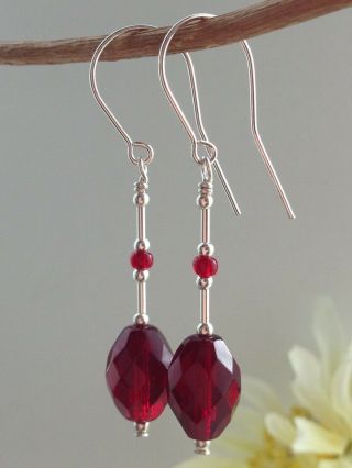 Vintage Oval Red Faceted Glass Sterling Silver Drop Earrings