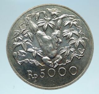 1974 Indonesia Orangutan Wildlife Antique Silver 5000 Rupiah Coin I83145