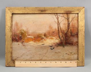 19thc Antique Parker Hagarty Winter Snow & Crows Landscape Oil Painting Nr
