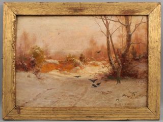 19thC Antique PARKER HAGARTY Winter Snow & Crows Landscape Oil Painting NR 2