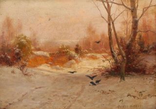 19thC Antique PARKER HAGARTY Winter Snow & Crows Landscape Oil Painting NR 3