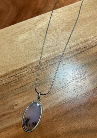 Vintage Rose Moss Agate And Sterling Silver Pendant Necklace