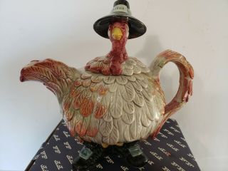 Vintage 1990 Fitz & Floyd Pilgrim Progress Turkey Teapot 32 Oz.  Thanksgiving