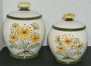 Set Of 2 Vintage Canisters Black - Eyed Susan Daisies Coffee Tea Ceramic Pottery