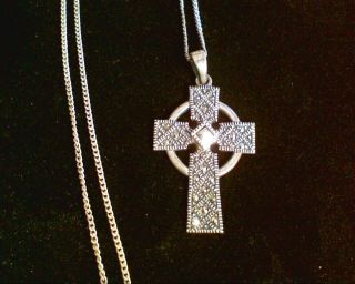 Vintage Sterling & Marcasite Solvar Celtic Cross Pendant Necklace 18 " 925 Chain