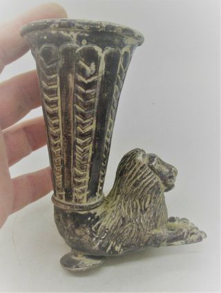 Circa 500 Bce Ancient Persian Silver Fluted Rhyton With Lion 