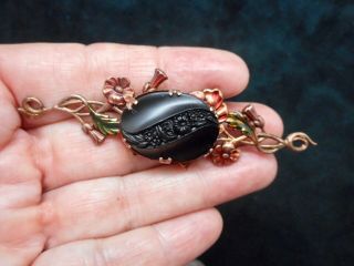 Vintage Antique Bronze W/black Molded Bead Brooch/pin