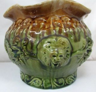 Australian Pottery Bendigo Majolica Jardinier Lion Heads Pot Vase Antique
