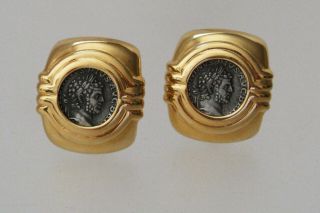 Vintage Signed Carolee Roman / Greek Coin Chunky Clip On Earrings Gold Silver