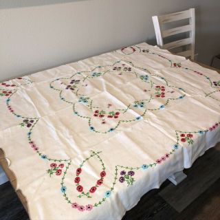 Vintage Embroidered Linen Tablecloth Exquisite Floral Hand Stitching 48 " Square
