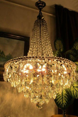 Antique Vnt.  Huge French Basket Style Crystal Chandelier Lamp Light 1940 